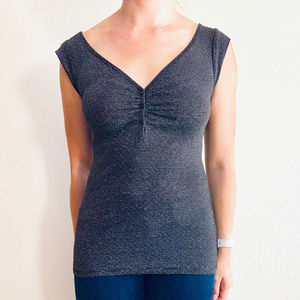 Express Knit Cap-Sleeve Silver Striped Top
